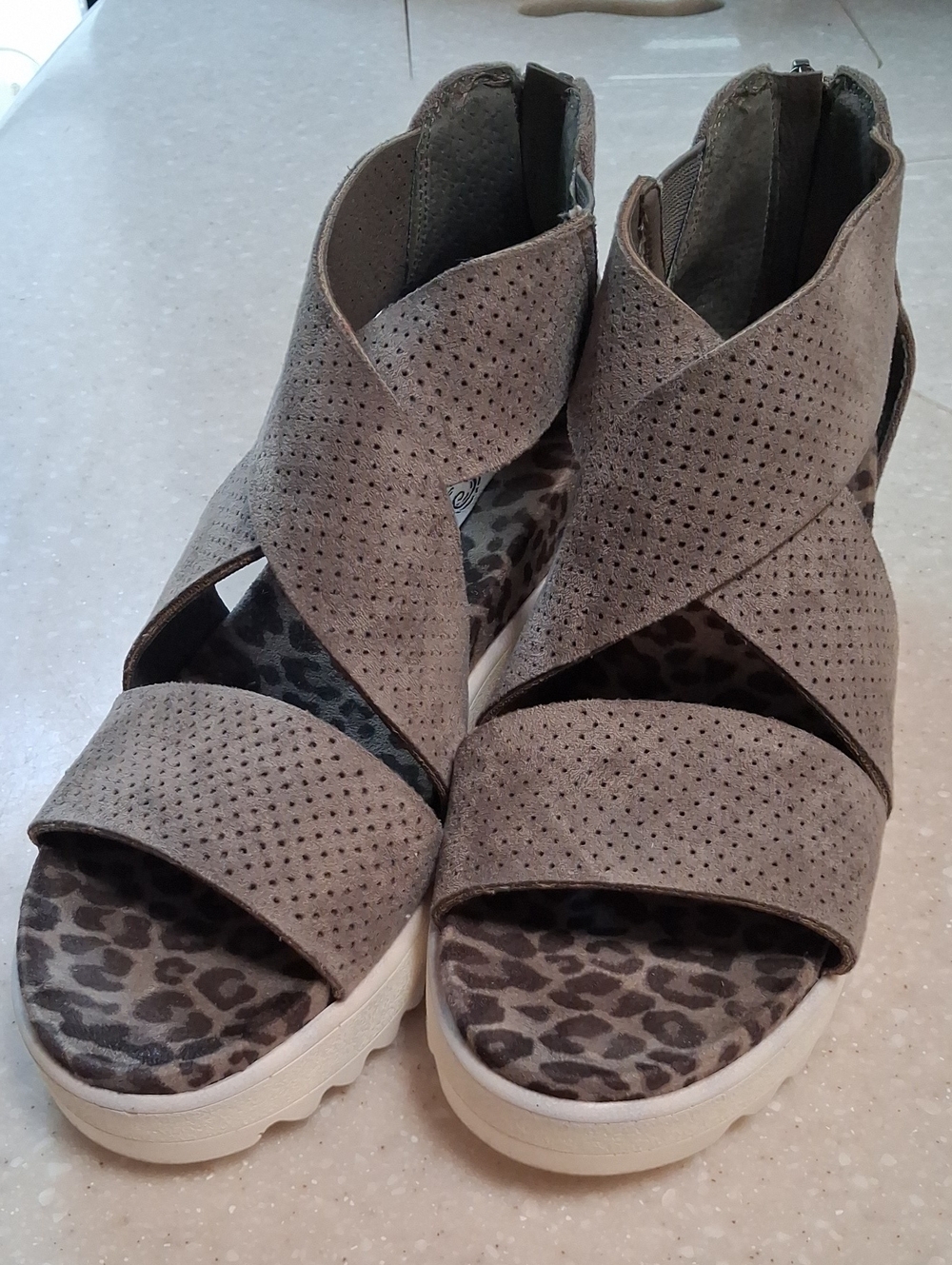 Very G Grey Perforated Crisscross Wedge Sandals
